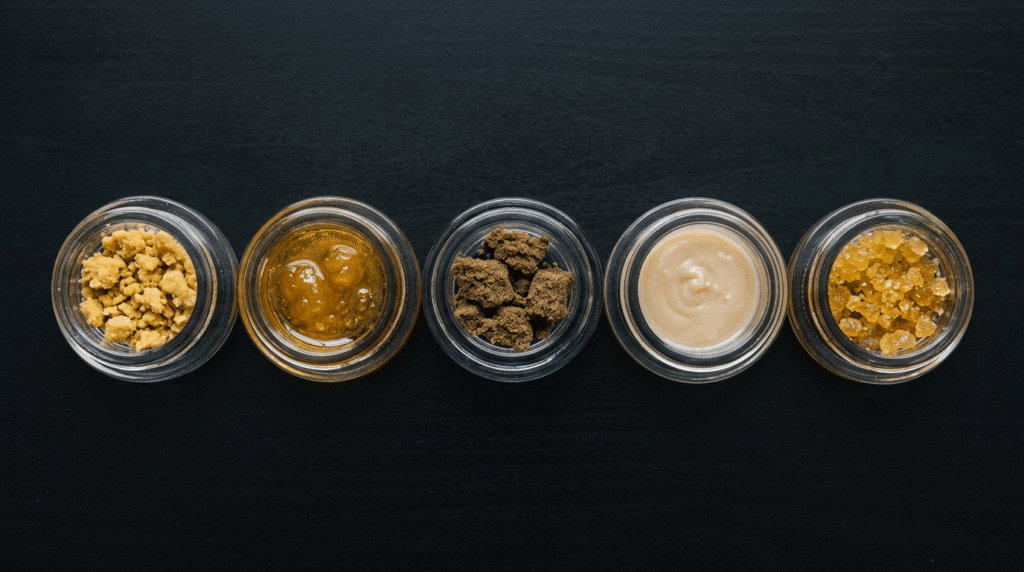 Five types of THCA cannabis concentrates in glass jars — crumble, live resin, hash, live rosin, and sugar — displayed on a dark surface for a wholesale buyer's guide