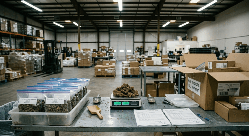 
A warehouse worker in a plain t-shirt standing at a metal table, sorting and weighing large quantities of dried hemp flower into clear zip-lock bags. A digital scale, printed lab sheets, and a cardboard shipping box visible on the table. Overhead fluorescent warehouse lighting, candid real-work photo, no studio staging.