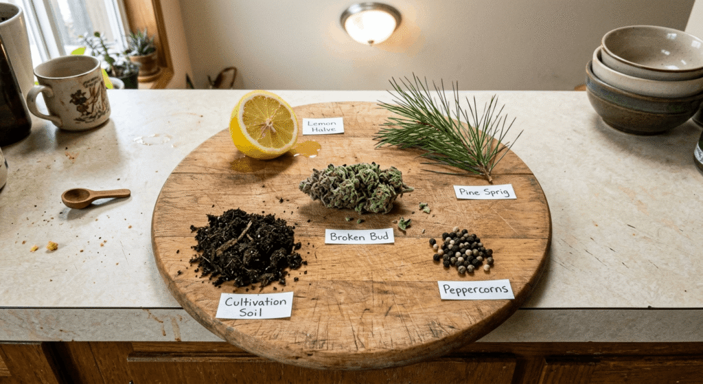 Terpene Profile
Overhead close-up of a broken cannabis bud on a wooden cutting board surrounded by a halved lemon, pine sprig, peppercorns, and fresh soil representing the four common cannabis terpenes myrcene, limonene, caryophyllene, and pinene.