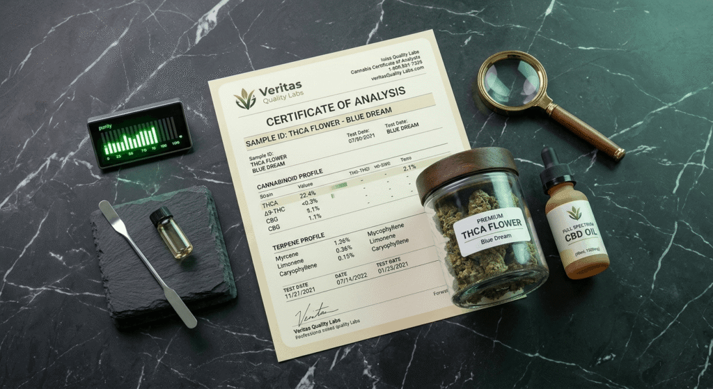 THCA Certificate of Analysis COA document beside hemp flower and CBD oil showing cannabinoid and terpene lab results for entourage effect verification