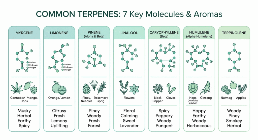 Illustrated terpene chart showing myrcene, limonene, pinene, linalool, and caryophyllene with plant sources and aroma profiles