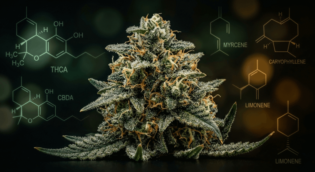 THCA hemp flower bud with trichomes and cannabinoid terpene molecule overlay illustrating the entourage effect