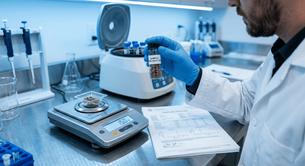 Lab technician holding cannabis sample vial next to COA report for third-party THCa potency testing