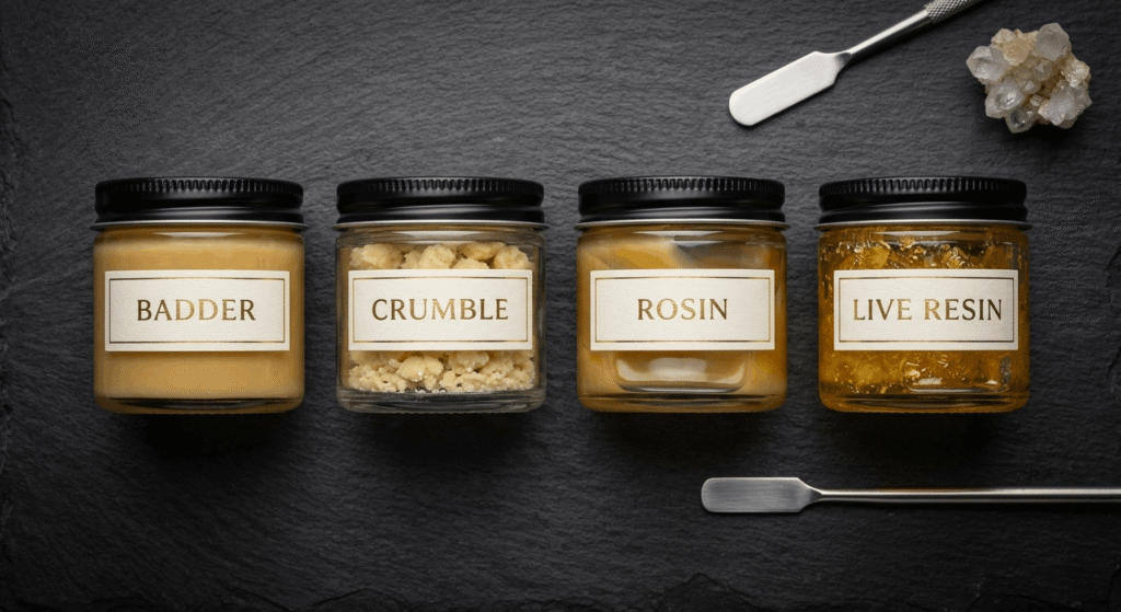 Assorted Farm Bill compliant THCa concentrates including badder, crumble, rosin, and live resin in labeled glass jars