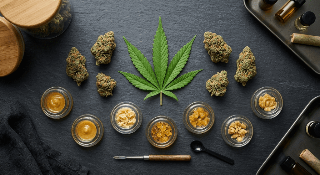 Premium THCA wholesale cannabis flower and concentrates displayed on dark surface for 2026 cannabis industry overview
