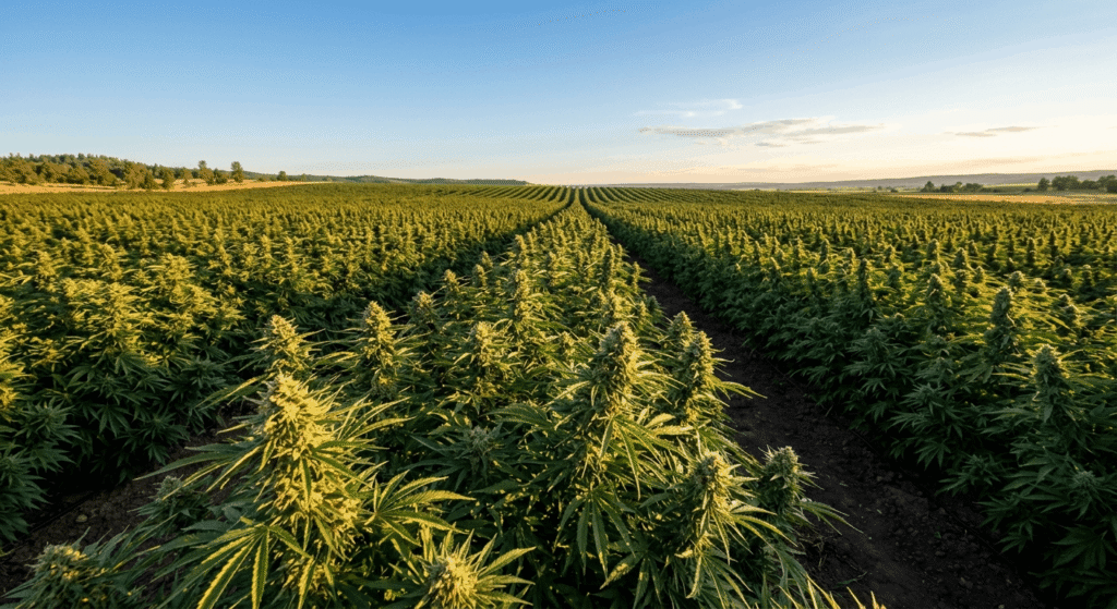Outdoor THCA hemp flower growing in open field under natural sunlight, showing mature cannabis plants with dense flower clusters at harvest