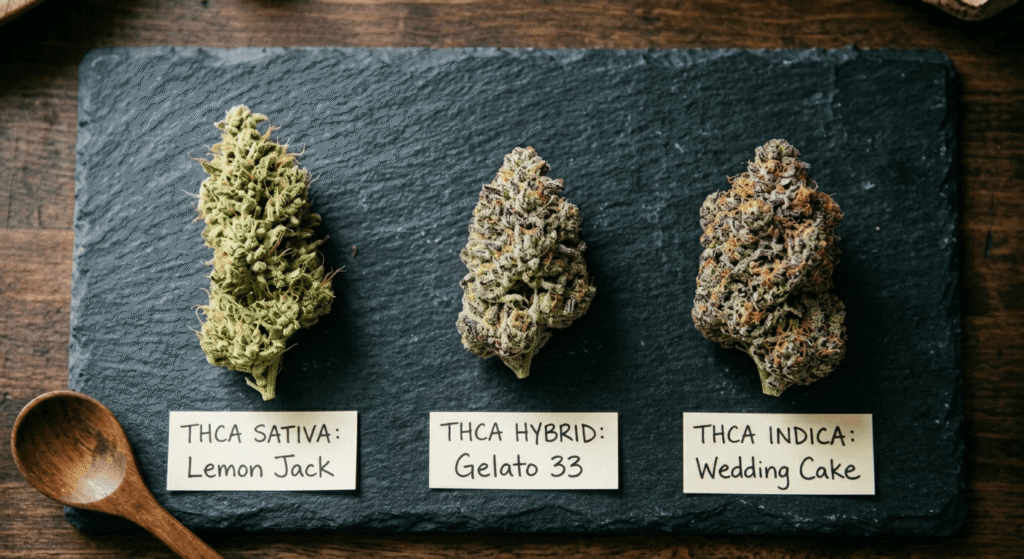 Three THCA cannabis buds arranged side by side on a dark slate surface displaying sativa, hybrid, and indica flower varieties with visible trichome coverage, orange pistils, and bud density differences photographed from above in a grow room setting.