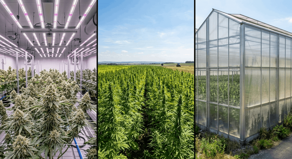 Three-panel comparison of THCA flower cultivation environments: an LED-lit indoor grow room producing dense frosty buds, outdoor hemp plants growing in natural sunlight, and a greenhouse hemp operation combining both methods.