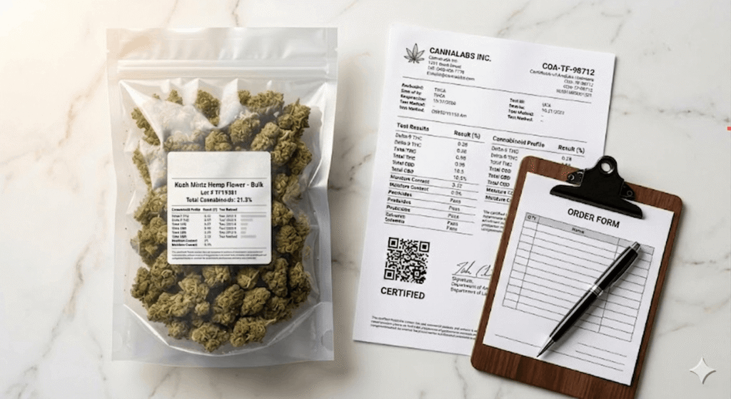 Hemp retailer reviewing THCa compliance documents and certificates of analysis at a desk