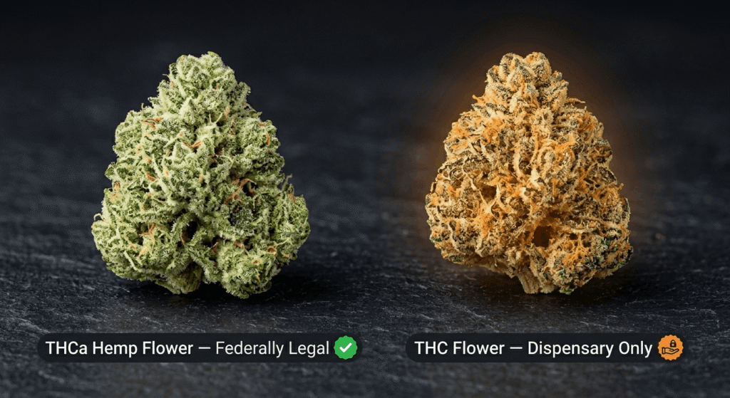 THCa hemp flower vs THC flower side-by-side showing legal hemp flower and dispensary cannabis