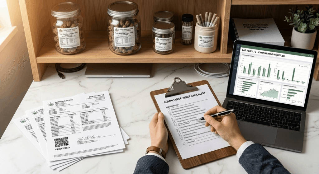 Hemp retailer reviewing THCa compliance documents and certificates of analysis at a desk