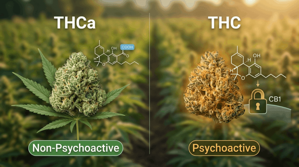 THCa vs THC featured image showing raw hemp flower and activated THC bud against a natural cannabis farm background