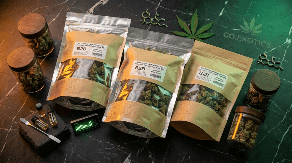 Bulk wholesale THCA hemp flower jars and pouches arranged for B2B cannabis wholesale buyers seeking full-spectrum entourage effect products