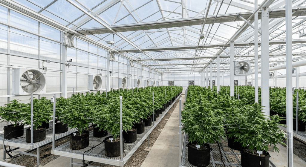 Greenhouse THCA hemp cultivation facility with translucent panels and rows of cannabis plants combining natural sunlight with climate control