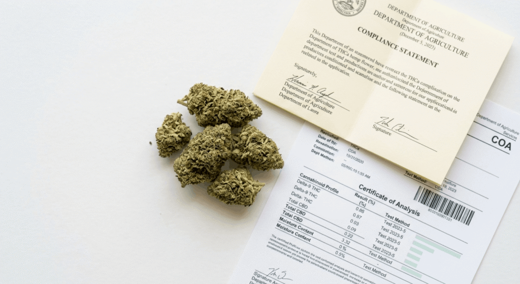 Farm Bill compliant THCa hemp flower buds alongside a Certificate of Analysis document