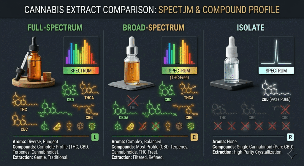 Side-by-side comparison chart of full-spectrum, broad-spectrum, and isolate cannabis products showing cannabinoid and terpene content differences