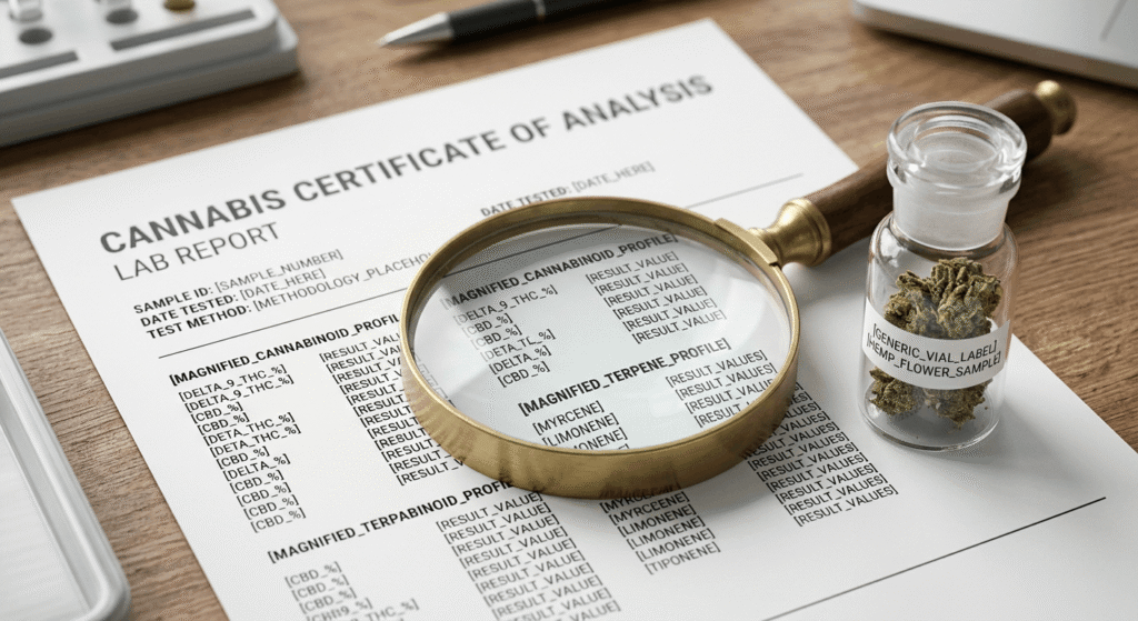 A cannabis Certificate of Analysis (COA) lab report document with a magnifying glass and a glass vial containing hemp flower, illustrating THCA potency testing and compliance verification.