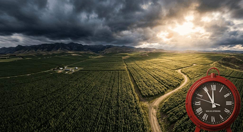 Hemp field under storm clouds with a countdown clock symbolizing the H.R. 5371 federal hemp cliff deadline