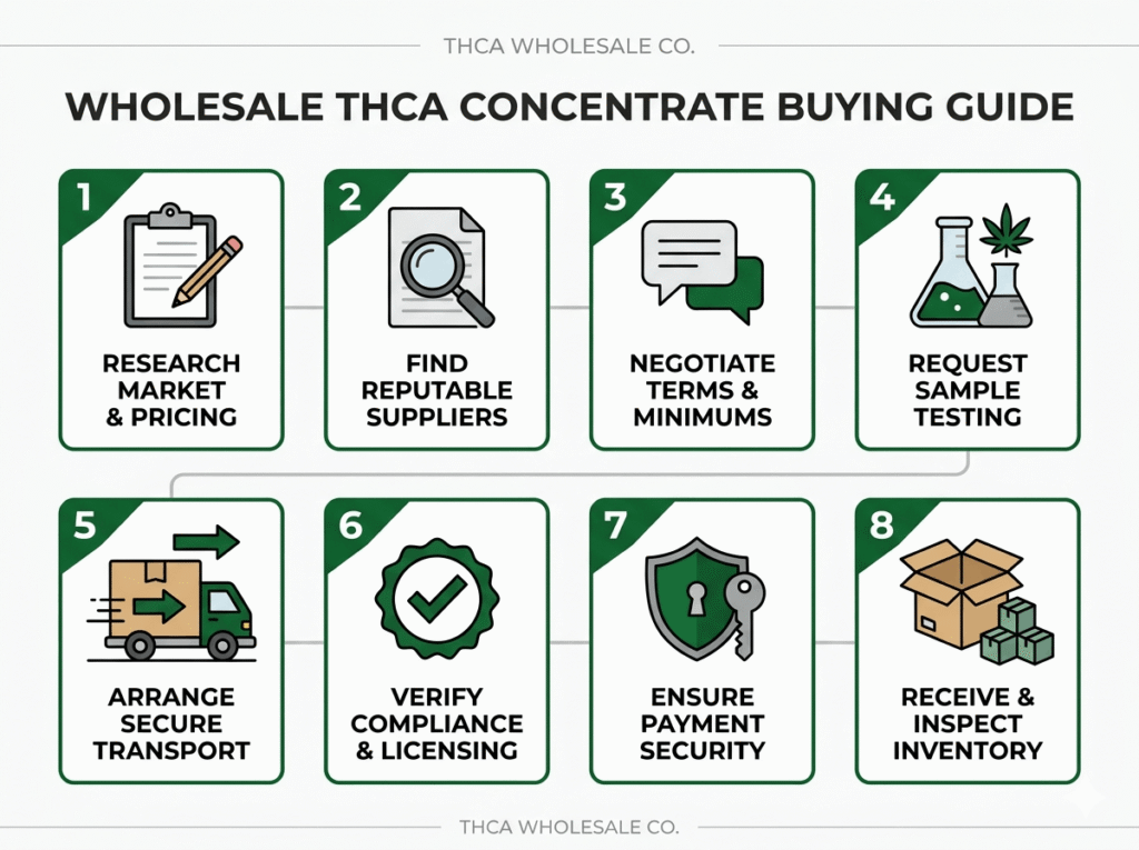 Step-by-step wholesale THCA concentrate buying process illustrated with eight numbered icons on a clean infographic