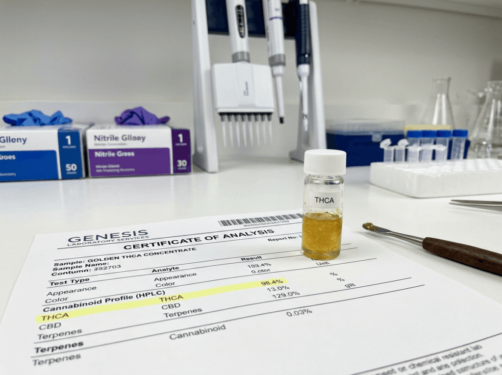 Certificate of Analysis document next to a vial of THCA concentrate on a laboratory bench