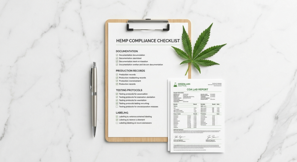Compliance checklist and COA lab report documents representing the action steps wholesale buyers must take before the hemp cliff deadline