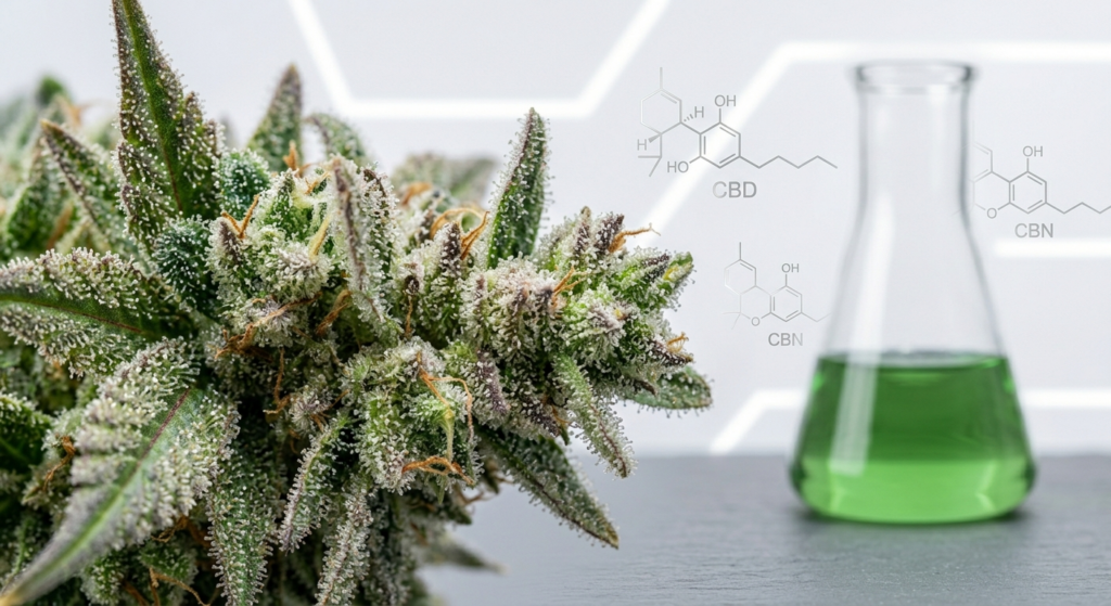 Close-up of THCA hemp flower trichomes with lab equipment representing the total THC calculation formula