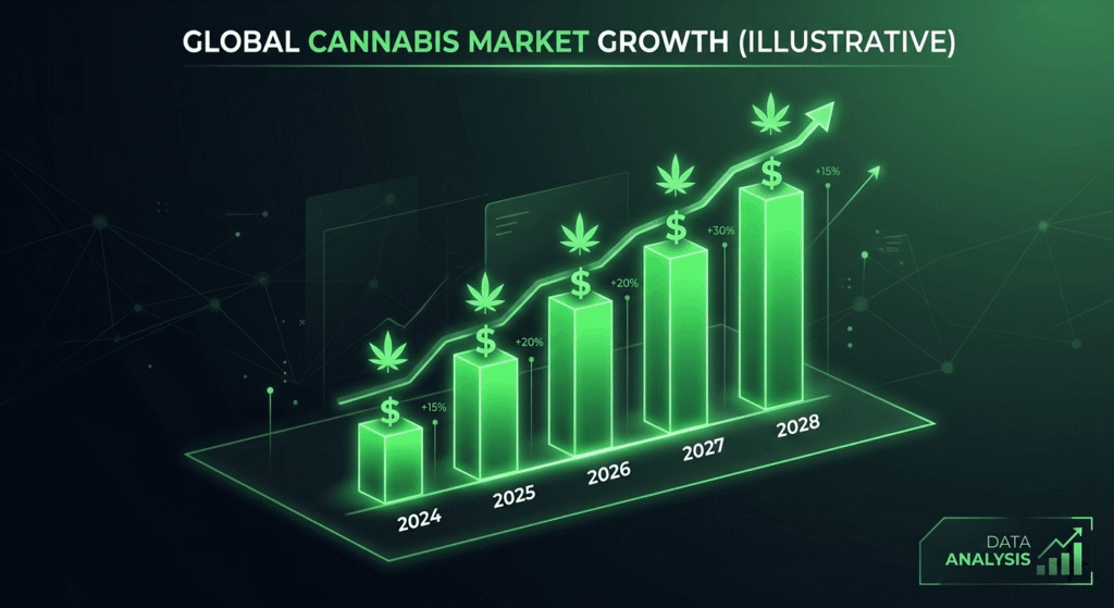 Upward trending cannabis market growth chart illustrating the global cannabis industry boom in 2026