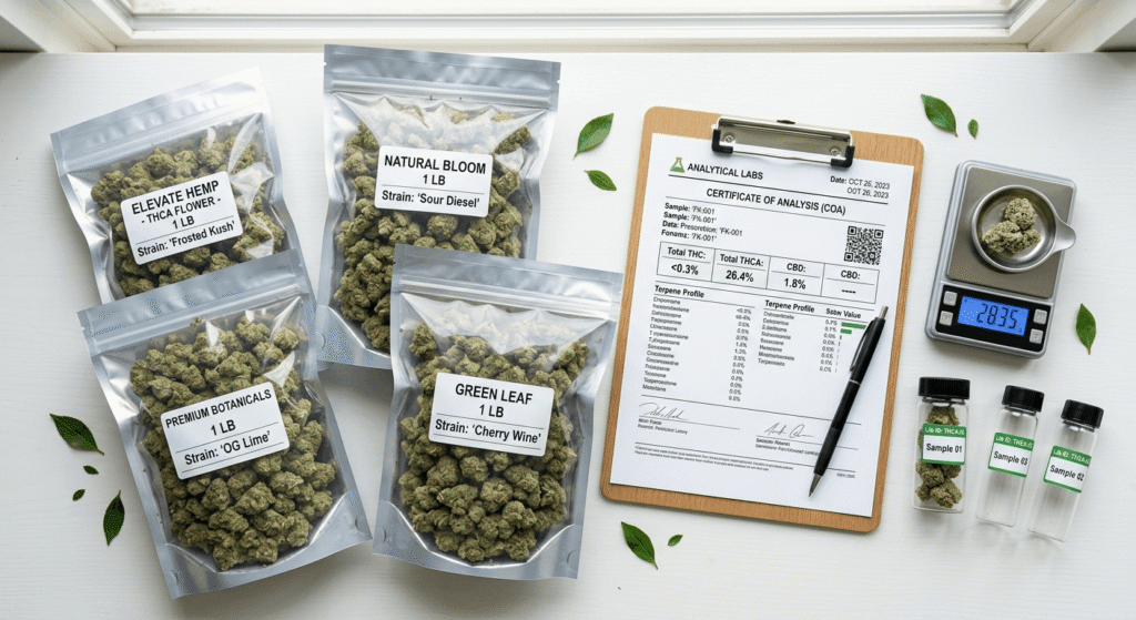 THCA wholesale flower pound bags with COA documentation and lab testing equipment on a white surface