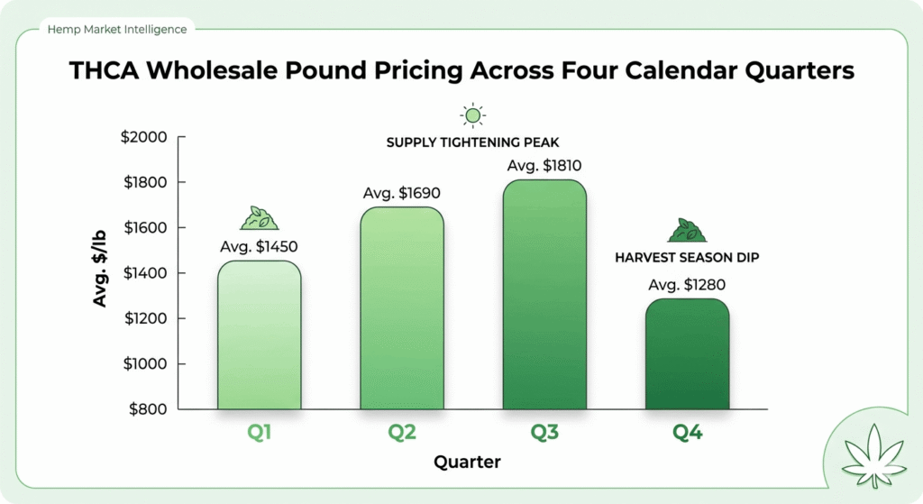 THCA wholesale bulk pricing seasonal trends chart 2026 — Q4 harvest season dip versus Q2 Q3 price peak per pound
