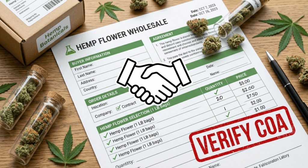 THCA wholesale supplier verification checklist concept — order form with COA verification warning stamp representing red flags buyers should check before placing bulk orders