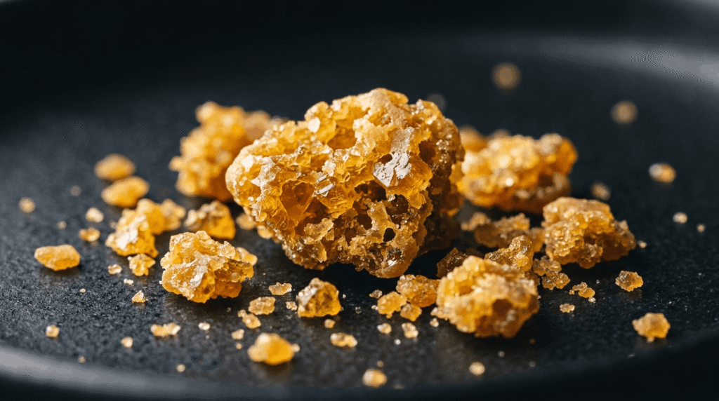Bulk THCA crumble concentrate in golden amber honeycomb texture on dark surface
