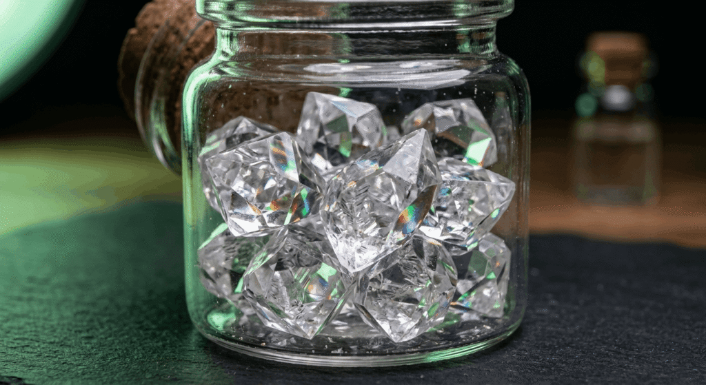 Bulk THCA diamonds in a glass jar showing faceted crystal structure