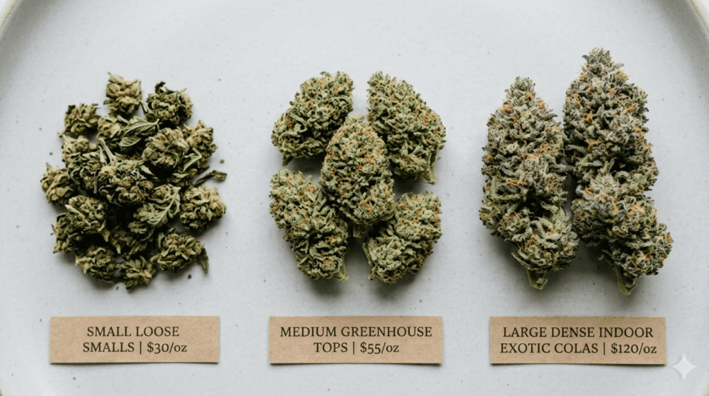 Three grades of bulk THCA hemp flower — smalls, greenhouse tops, and indoor exotics — displayed side by side by price tier