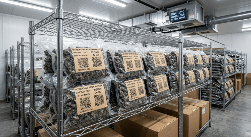 Nitrogen-sealed bulk THCA flower wholesale packaging with batch lot labels, harvest date, and COA QR code for compliant distribution