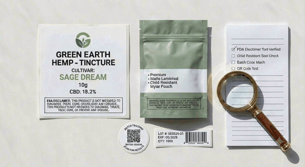 FDA-compliant hemp product label, child-resistant packaging, and QR code COA sticker for wholesale compliance