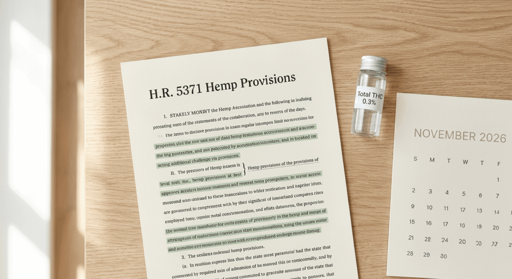 H.R. 5371 Section 781 total THC compliance deadline document with hemp vial and November 2026 calendar
