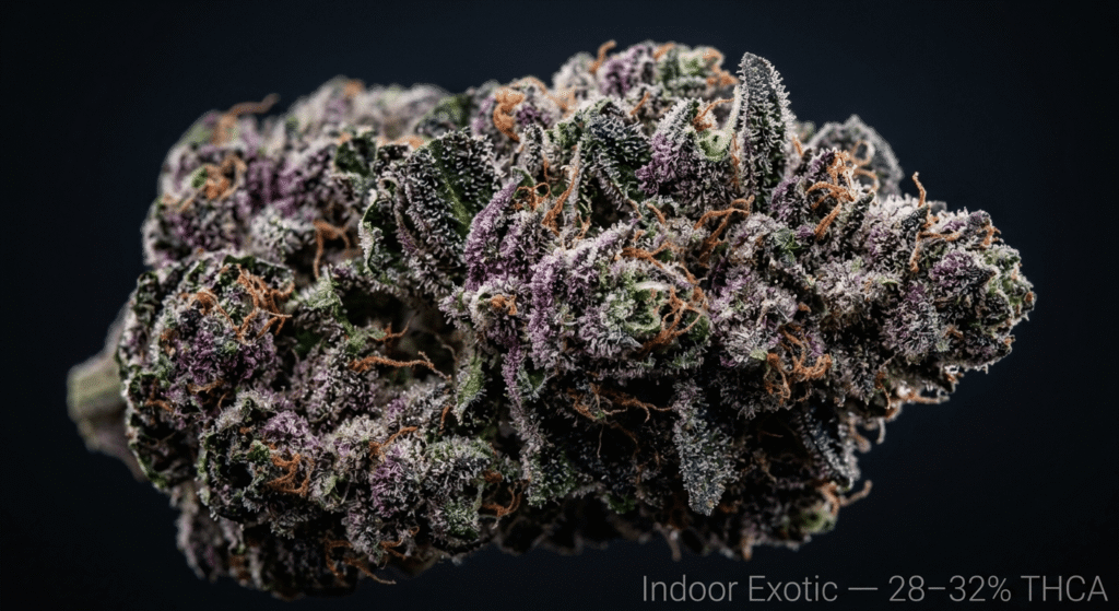 Indoor exotic THCA hemp flower with dense trichome coverage testing 28–32% THCA, suitable for premium wholesale retail shelves