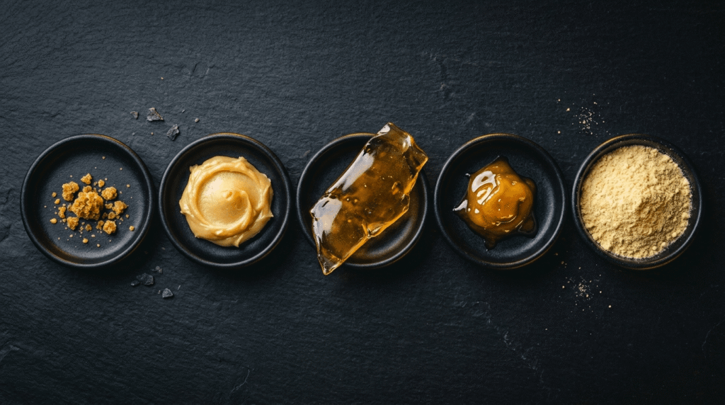  Five THCA concentrate types side by side — crumble, budder, shatter, live resin, and kief
