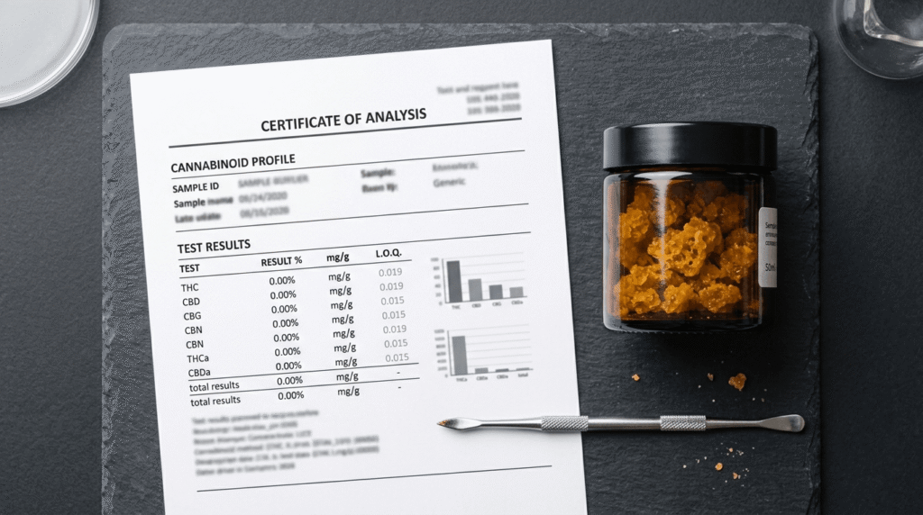 THCA crumble wholesale COA documentation next to amber jar of bulk concentrate