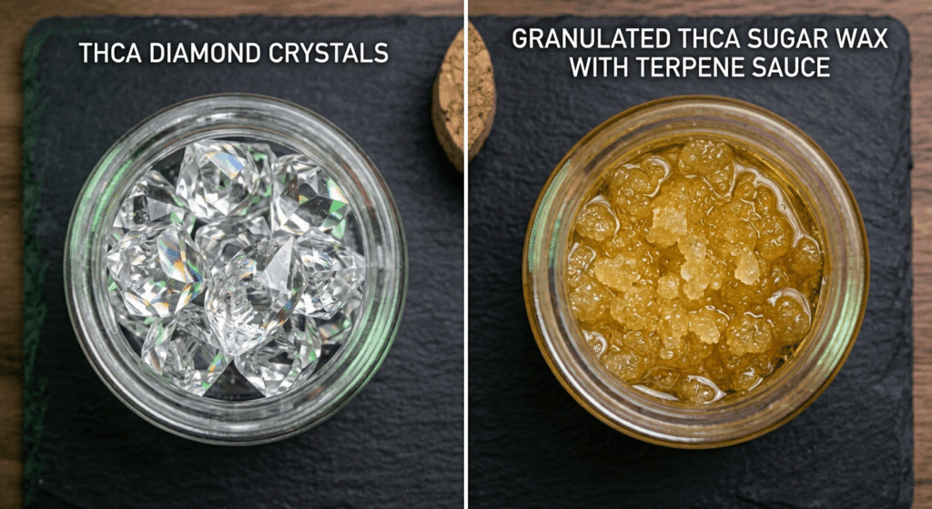 Side-by-side comparison of THCA diamonds and THCA sugar wax concentrates