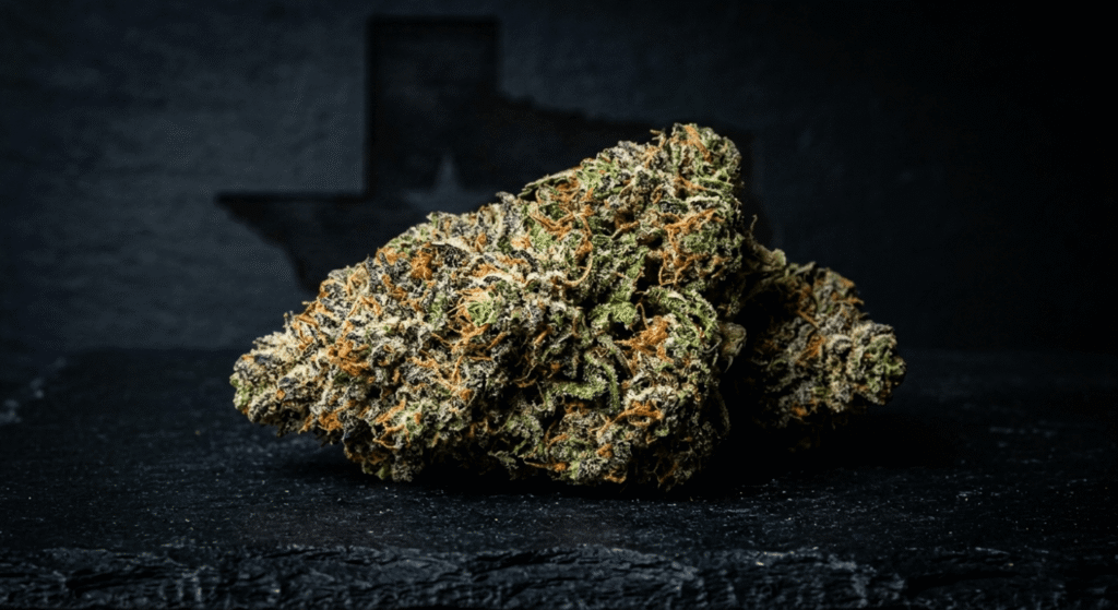 THCA hemp flower buds on dark surface with Texas state silhouette in background