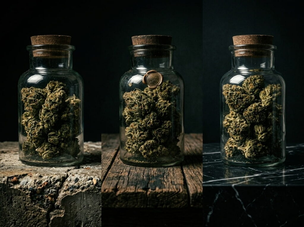 Three THCA hemp flower jars representing Ohio Indiana and Missouri wholesale regulations 2026