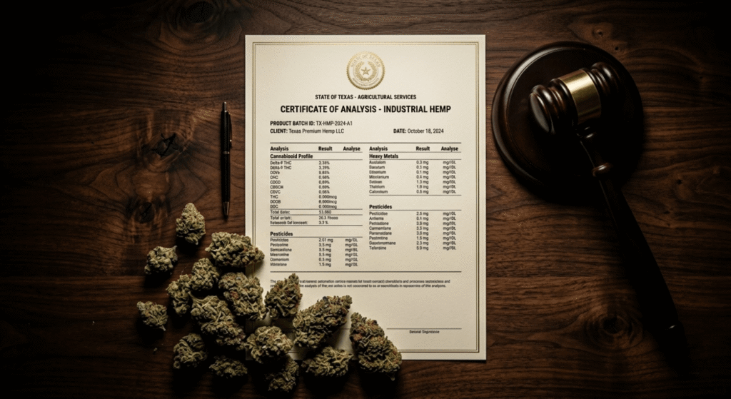 Hemp COA document and gavel on dark wooden surface representing THCA legal compliance in Texas