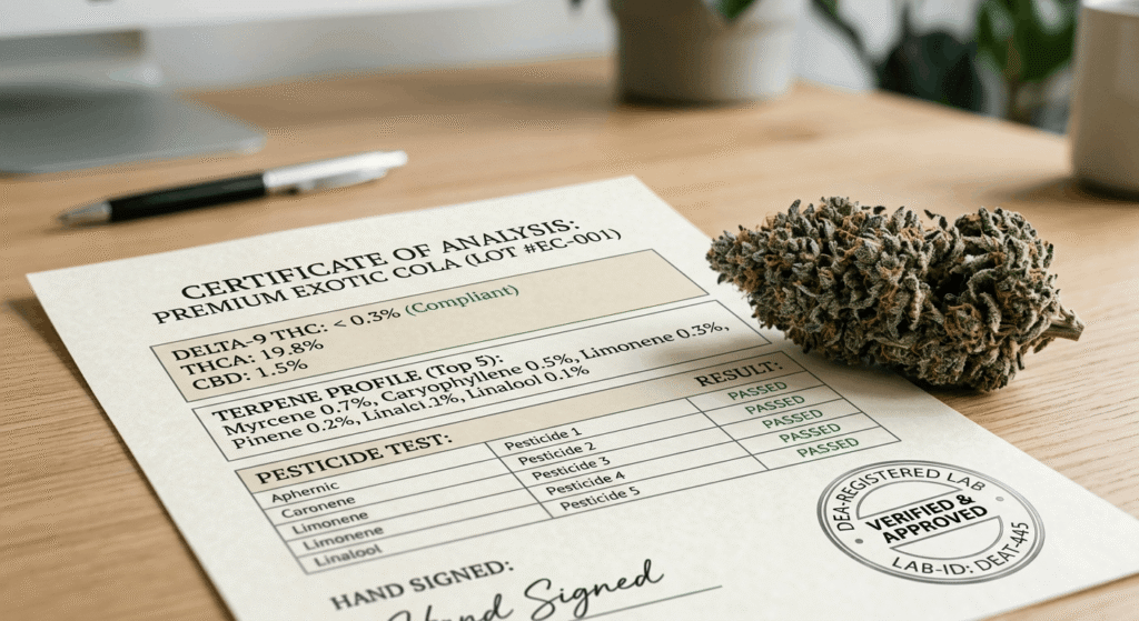 Certificate of Analysis from an ISO/IEC 17025 accredited lab showing THCA potency, delta-9 THC, and pesticide results for bulk hemp flower