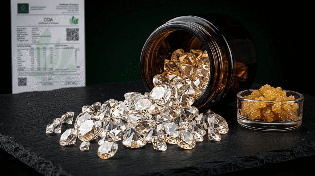 Bulk THCA diamond crystals spilling from a glass jar with COA lab report on dark surface – wholesale concentrate