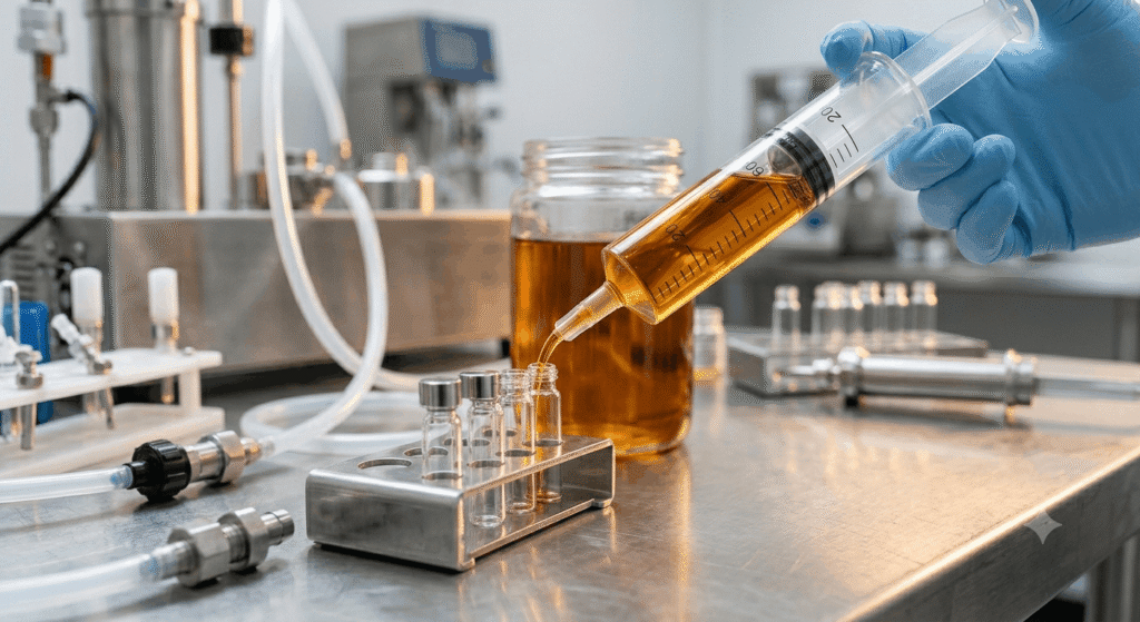 Bulk THCA distillate wholesale amber oil being filled into syringe at commercial cart filling station
