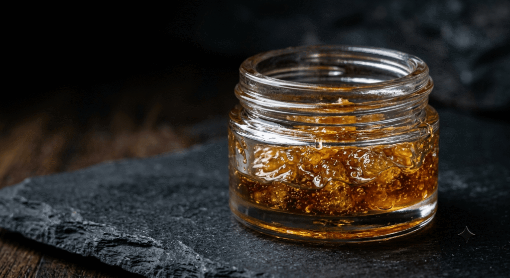 Bulk THCA live resin concentrate in glass jar showing terpene-rich texture