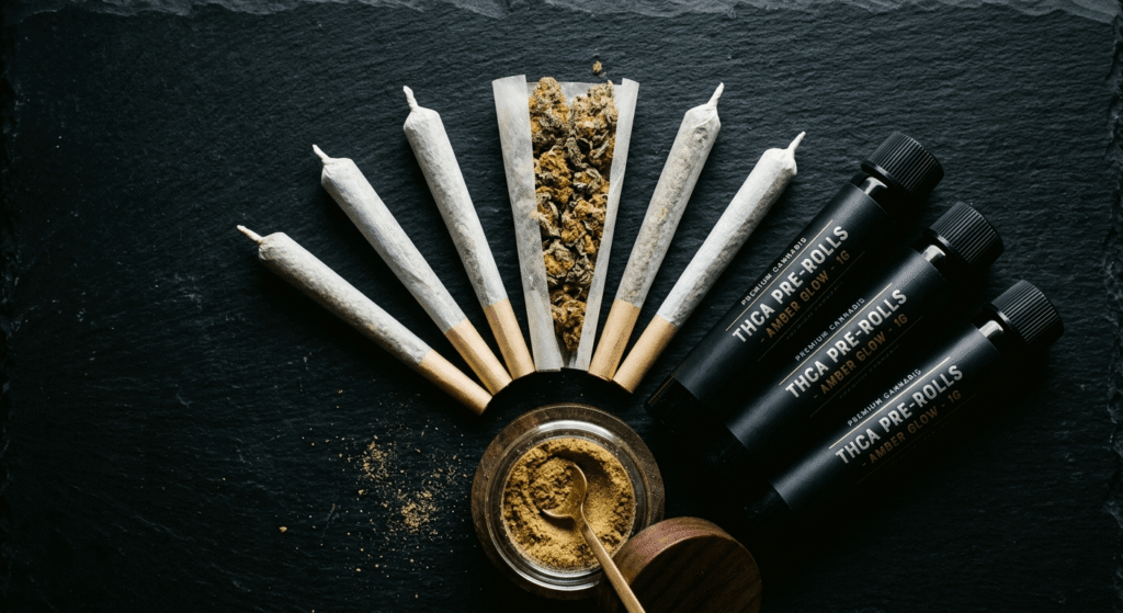 Bulk THCA pre-rolls wholesale flat lay on dark surface with kief jar and branded packaging tubes