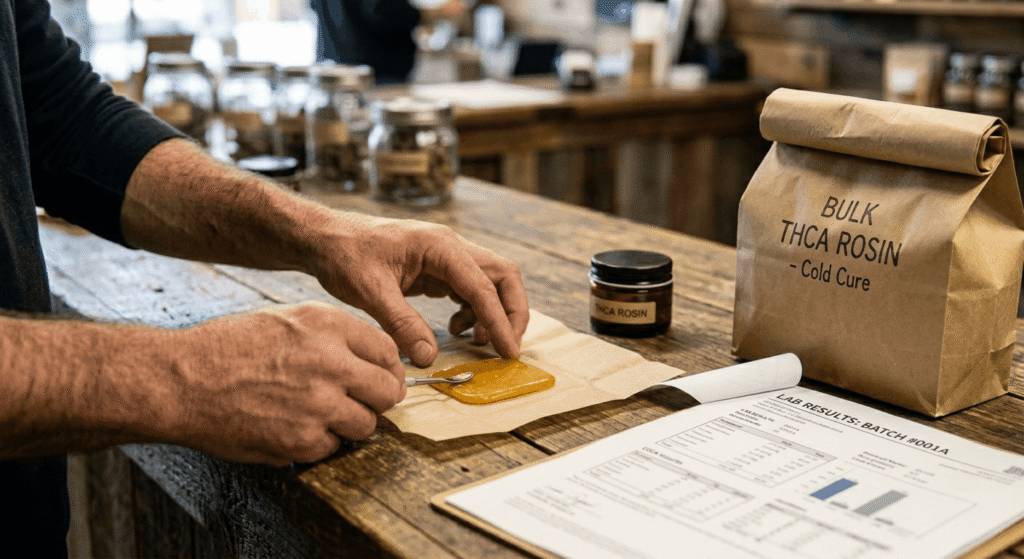 Wholesale buyer examining bulk THCA rosin slab with COA lab results on counter