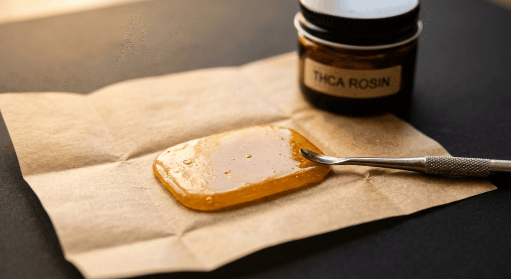 Bulk THCA rosin slab on parchment paper with dab tool for wholesale buyers